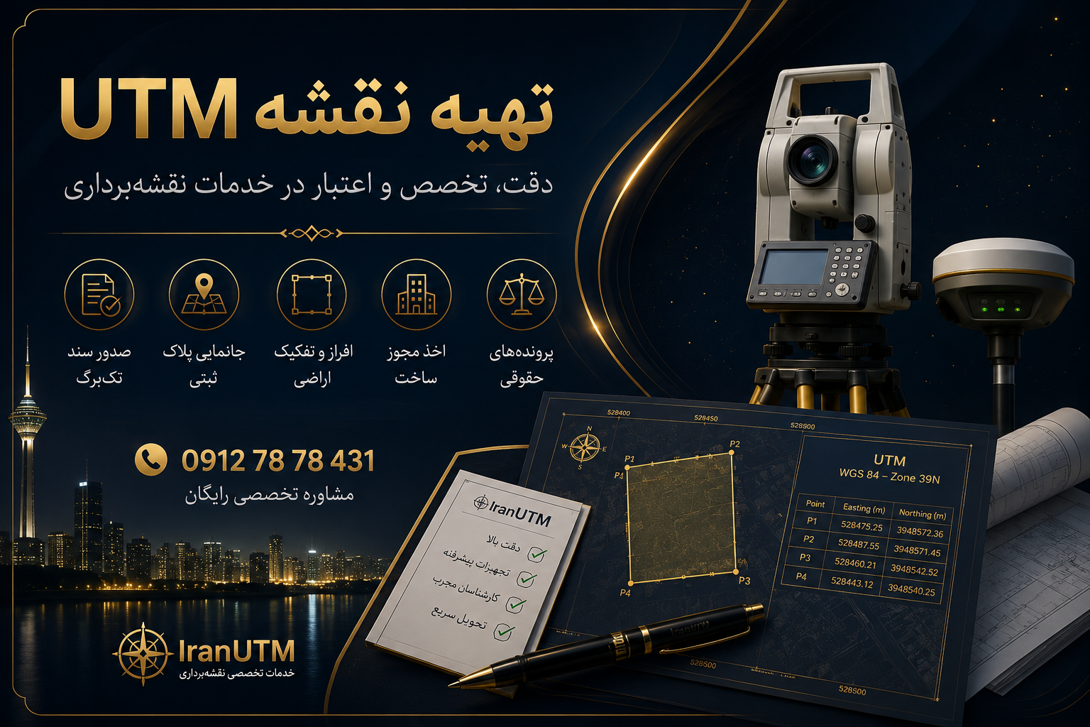 تهیه نقشه UTM | خدمات تخصصی ایران UTM تهیه نقشه UTM، جانمایی پلاک ثبتی، صدور سند تکبرگ و خدمات تخصصی نقشهبرداری | ایران UTM