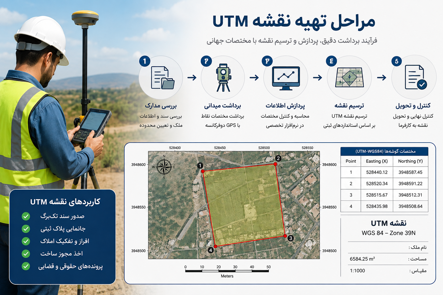 مراحل تهیه نقشه UTM | آموزش کامل تهیه نقشه UTM مراحل تهیه نقشه UTM با GPS دوفرکانسه، برداشت میدانی، پردازش مختصات و ترسیم نقشه توسط ایران UTM
