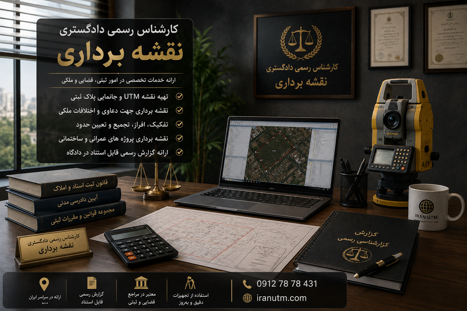 کارشناس رسمی دادگستری نقشه برداری در حال بررسی اسناد و نقشه UTM