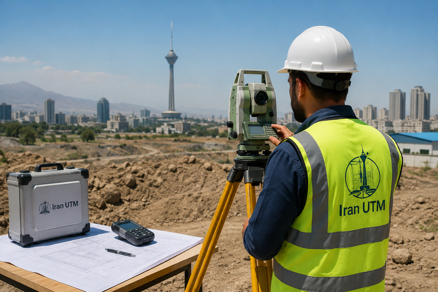 مهندس نقشه بردار | ایران UTM مهندس نقشه بردار در حال انجام عملیات نقشه برداری با دوربین توتال استیشن برای تهیه نقشه UTM در تهران