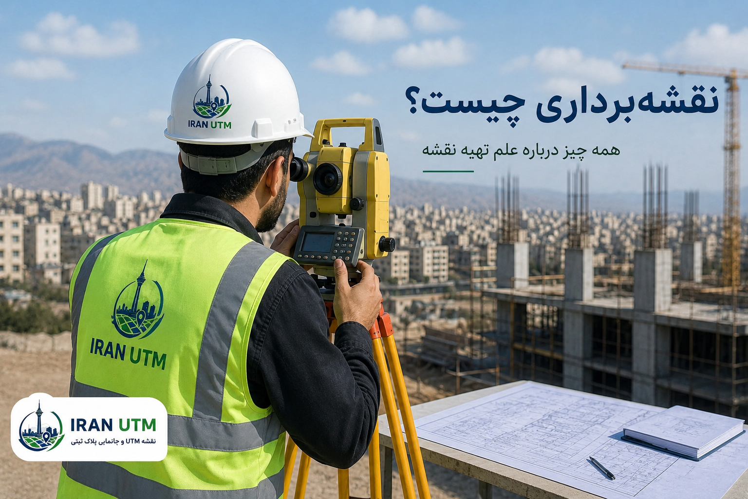 مهندس نقشه‌برداری در حال برداشت اطلاعات زمین با تجهیزات تخصصی