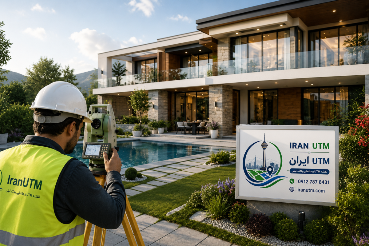 نمایی از یک ویلای لوکس با نمایش موقعیت و مختصات UTM برای آموزش سیستم مختصات UTM در نقشه‌برداری