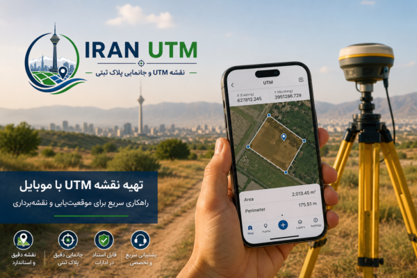 کارشناس نقشه برداری در حال تهیه نقشه UTM با موبایل و تجهیزات GNSS برای امور ثبتی