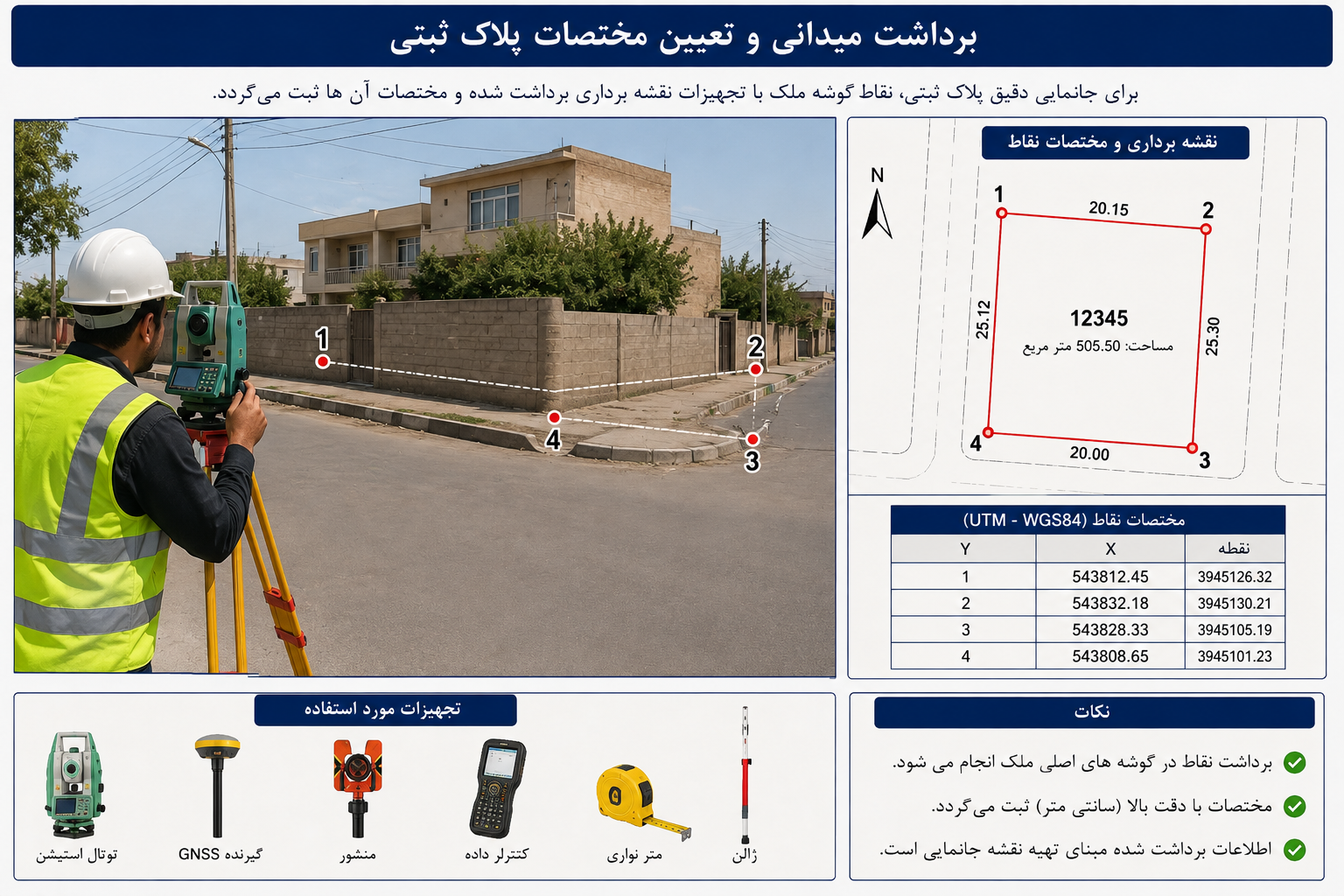 برداشت میدانی پلاک ثبتی با تجهیزات نقشه برداری برداشت میدانی برای تعیین موقعیت ملک