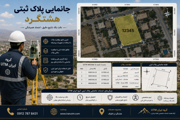 جانمایی پلاک ثبتی هشتگرد با نمایش نمونه نقشه، تصویر هوایی، محدوده ملک و مختصات UTM
