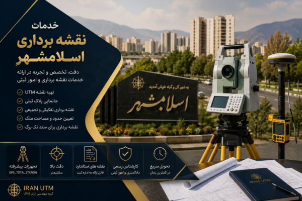 خدمات نقشه برداری اسلامشهر شامل تهیه نقشه UTM و جانمایی پلاک ثبتی