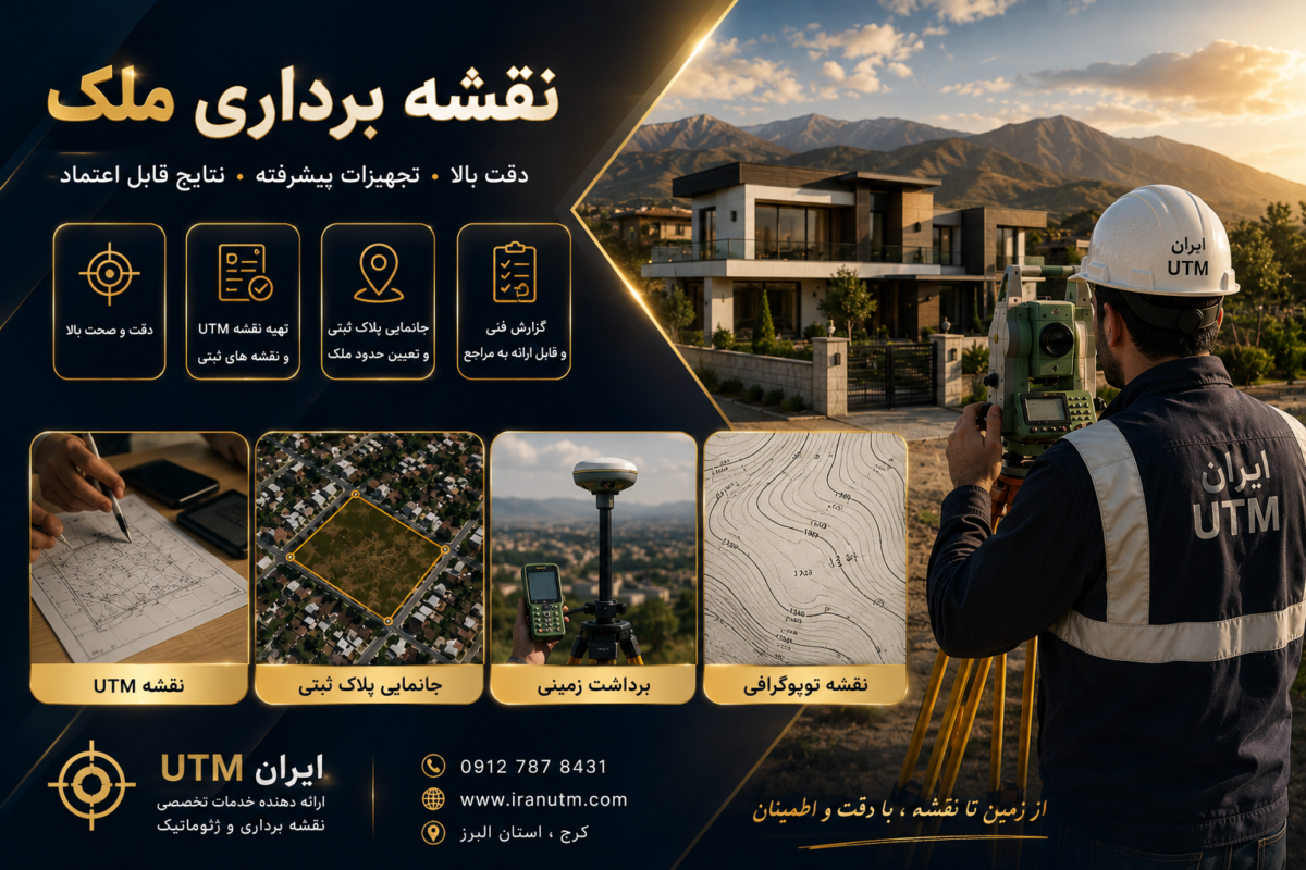 نقشه برداری ملک با نمایش برداشت زمینی، تهیه نقشه UTM، جانمایی پلاک ثبتی و نقشه توپوگرافی