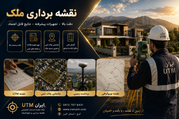 نقشه برداری ملک با نمایش برداشت زمینی، تهیه نقشه UTM، جانمایی پلاک ثبتی و نقشه توپوگرافی