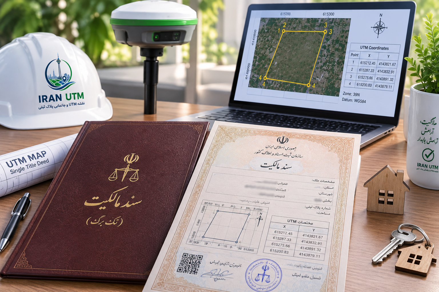 سند تک برگ و نقشه UTM سند مالکیت تک برگ در کنار نقشه و تجهیزات اندازهگیری زمین