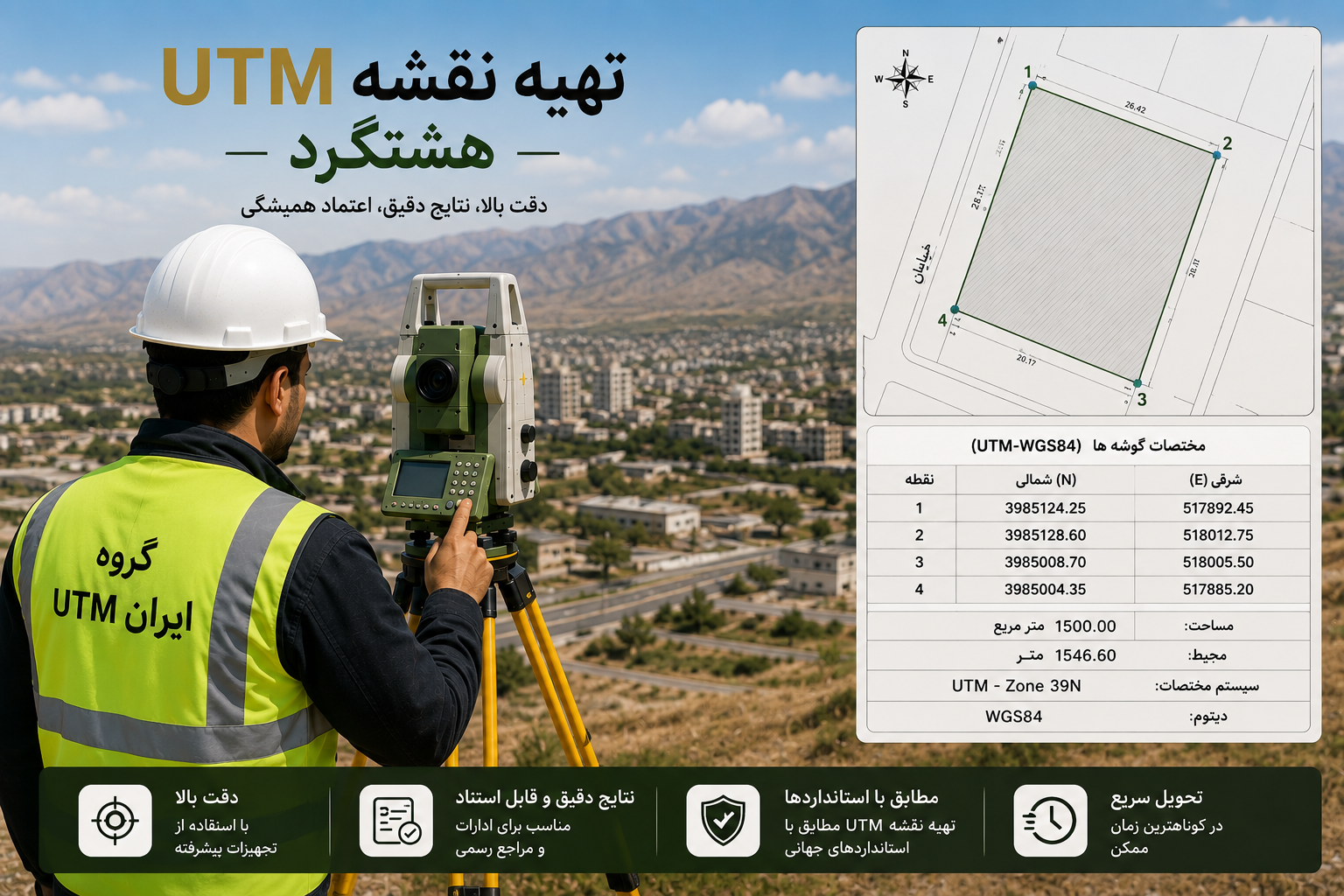 نقشه UTM ملک در هشتگرد برداشت و ترسیم مختصات ملک