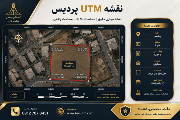 نقشه UTM پردیس با نمایش مختصات دقیق، مساحت و موقعیت ملک روی عکس هوایی